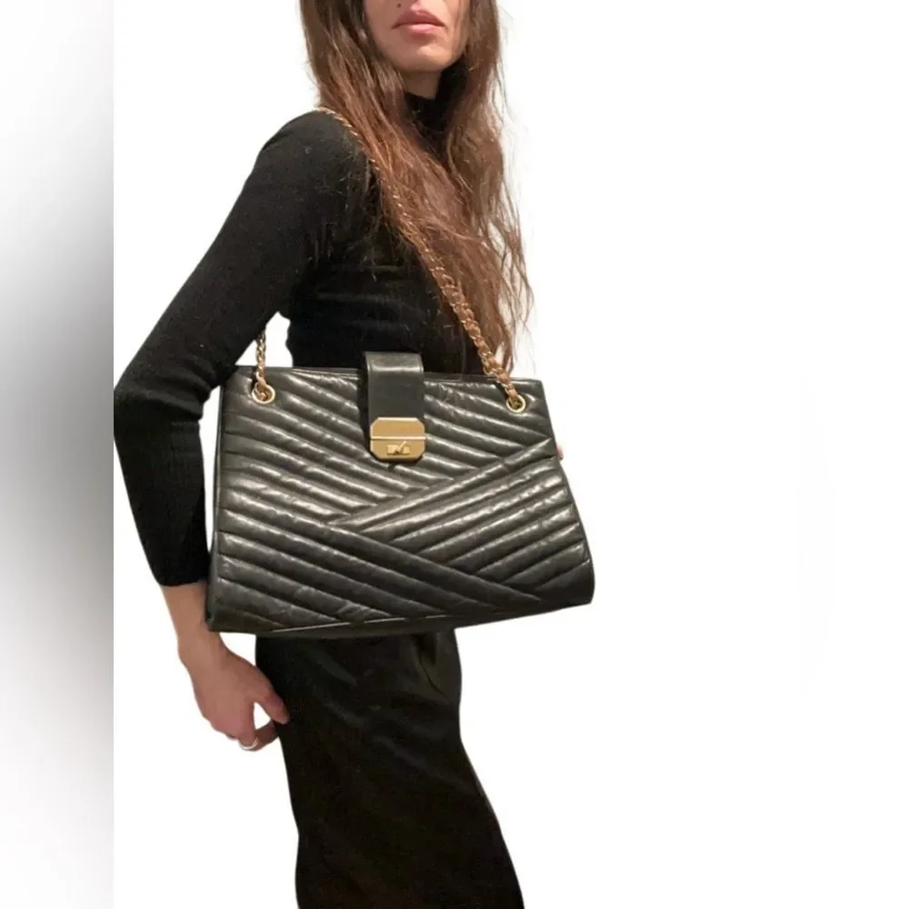 CHANEL Black Quilted Tote with Gold Chain